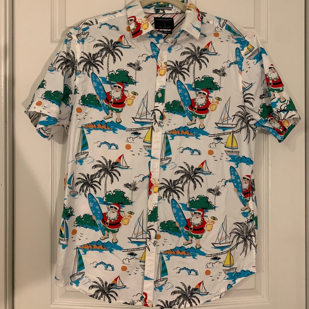 Denim & Flower Santa Surfing Print Shirt - White Christmas Fun Size Large